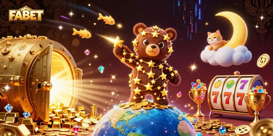 Engage in winning strategies with FABET as a 3D cartoon bear scoops coins amidst lively casino elements.
