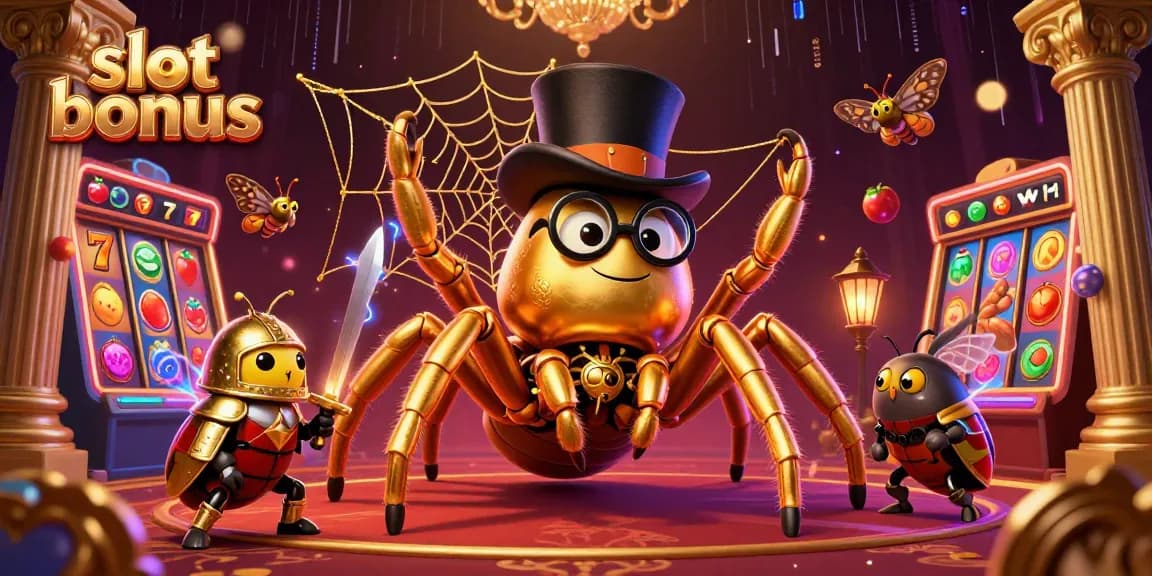 Engage with the slot bonus through vibrant 3D illustration showcasing a golden tarantula and dynamic slot elements.