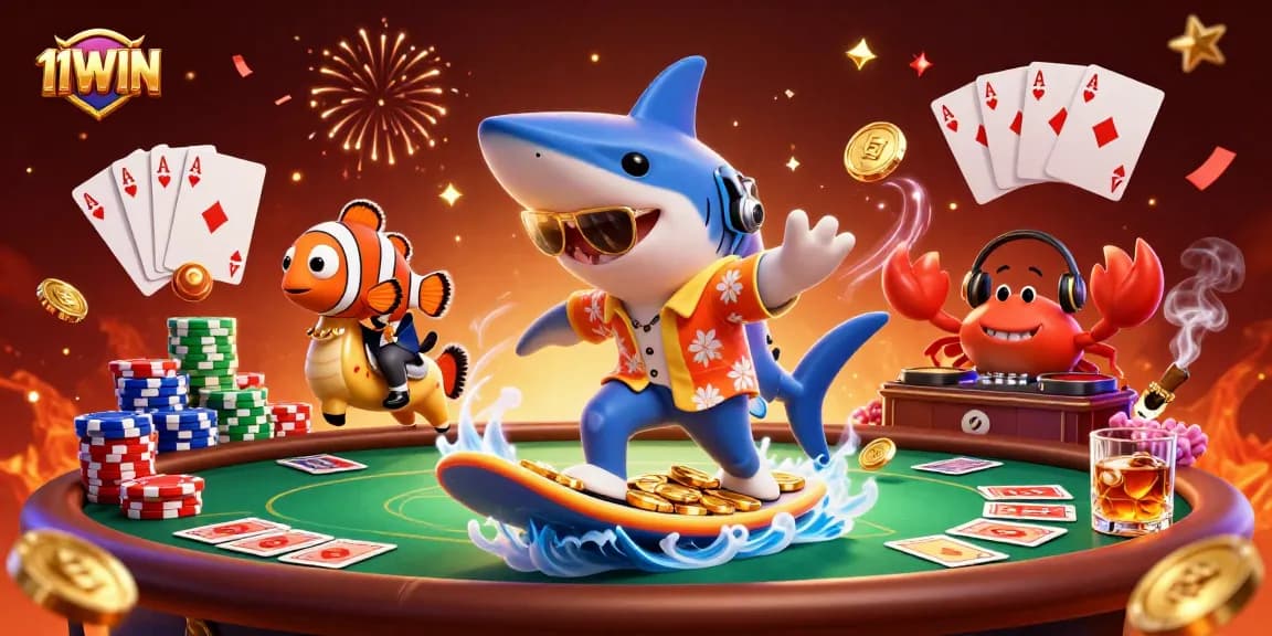 Surf the excitement with 11WIN: A lively 3D cartoon casino scene featuring a hammer-head shark, seahorse, and crab DJ.
