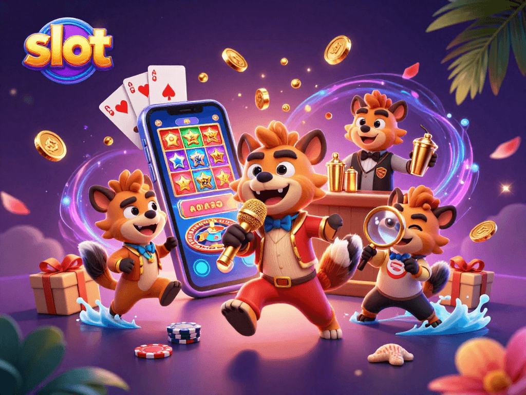 Experience the thrill of slots in a vibrant casino scene with hyenas as lively hosts.