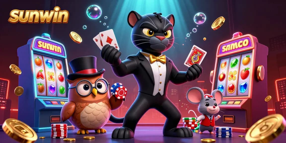 Engaging players in sunwin's vibrant atmosphere with a stylish panther, owl, and lucky mouse in a rich casino setting.