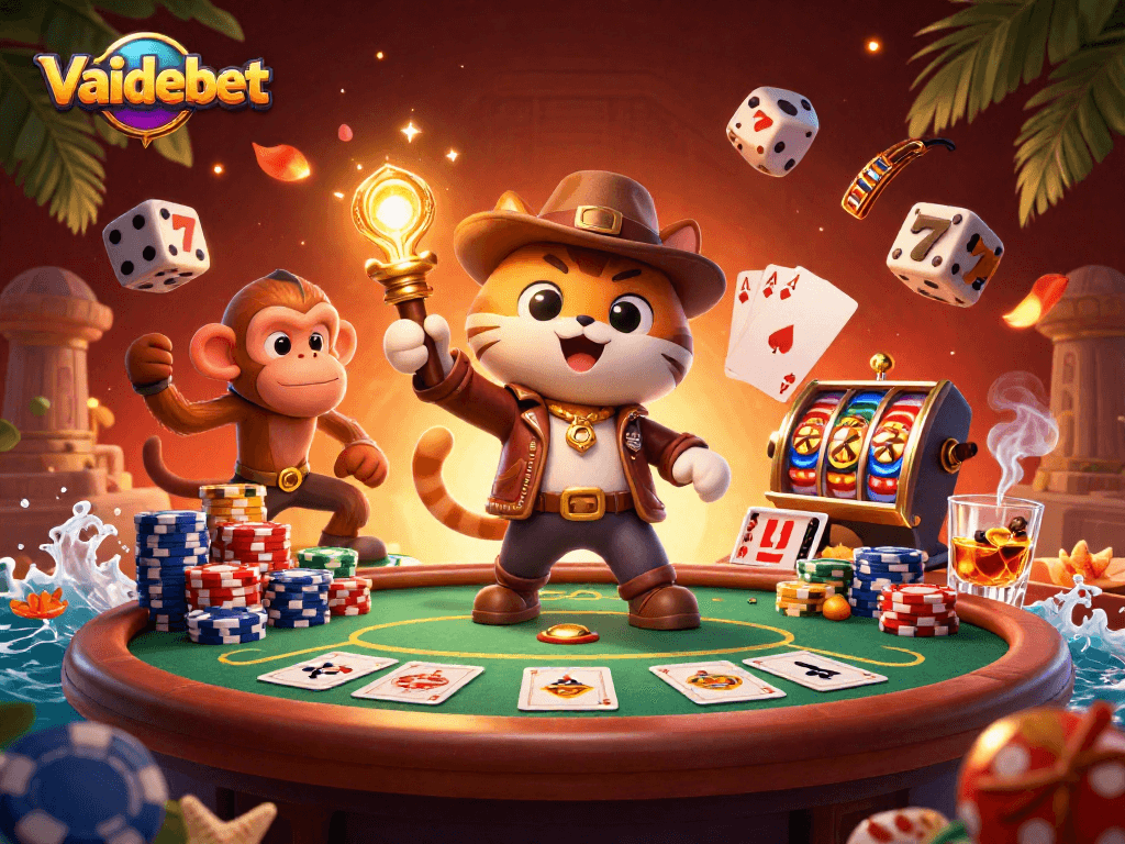 Experience thrilling gaming action at Vaidebet with a cat archaeologist and poker treasures in a vibrant temple.