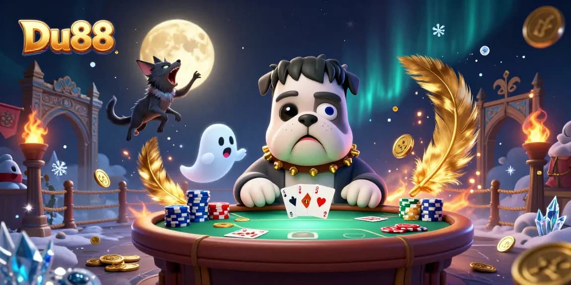 Engage in winning strategies at Du88 with a lively casino scene featuring a playful bulldog dealer.