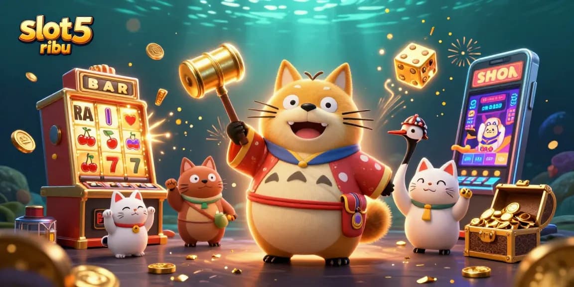 Experience thrilling wins with slot 5 ribu featuring a cheerful tanuki and festive symbols.
