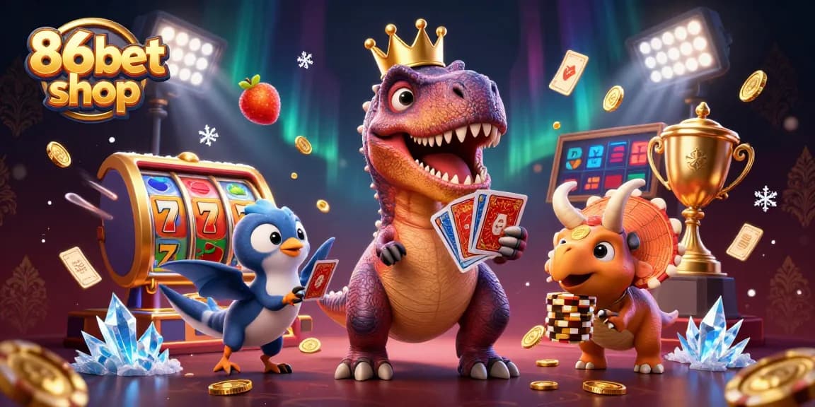 Experience thrilling gameplay at 86bet shop with a vibrant illustration of casino elements and friendly characters.