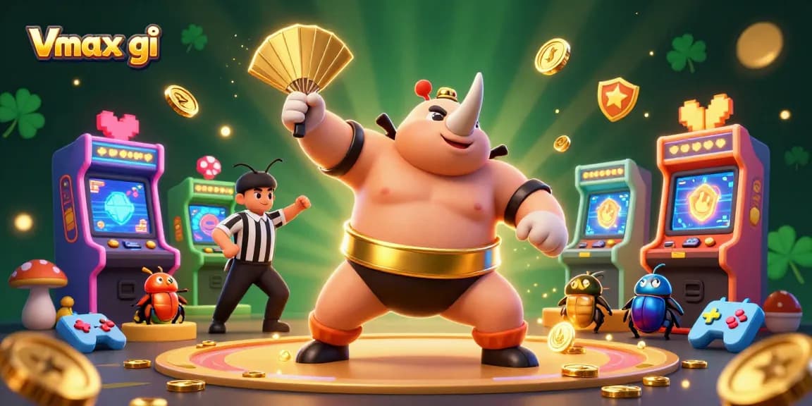 Experience thrilling fun at Vmax gì with a powerful stomp of a sumo champion sending coins flying in a colorful casino.