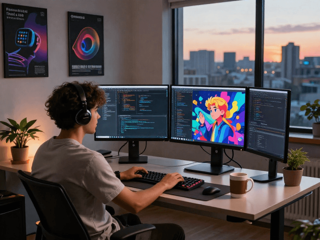 Dynamic tech workspace depicting a developer coding with NSFW AI visuals on screens, inspiring ambiance.