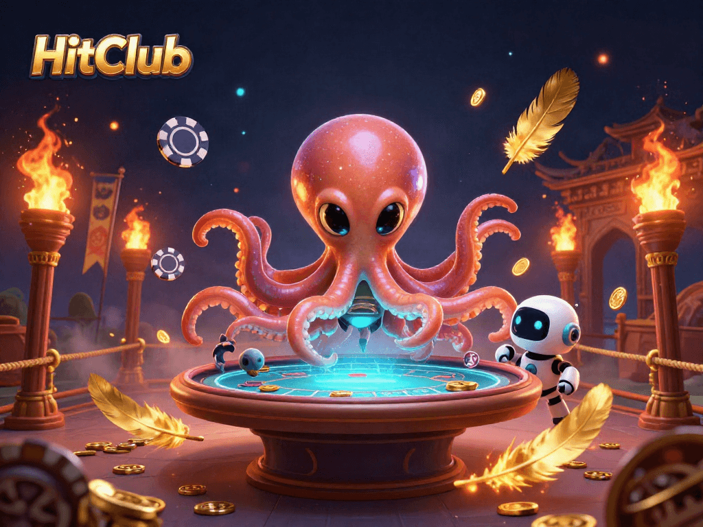 HitClub showcases an alien octopus at a holographic poker table with shimmering graphics.