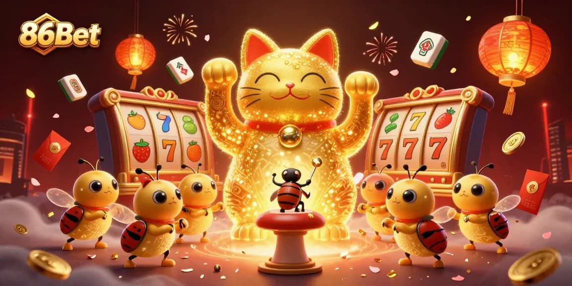 Engage with 86Bet's vibrant casino world through this rich illustration of lucky symbols.