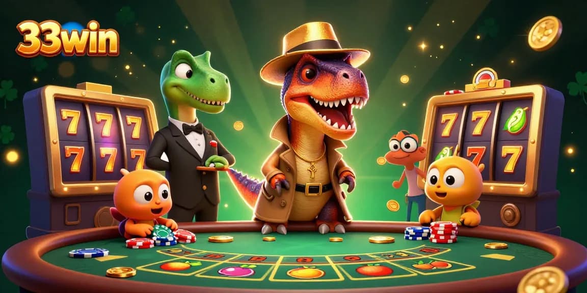 33win velociraptor card counter at blackjack table amidst colorful slot game action