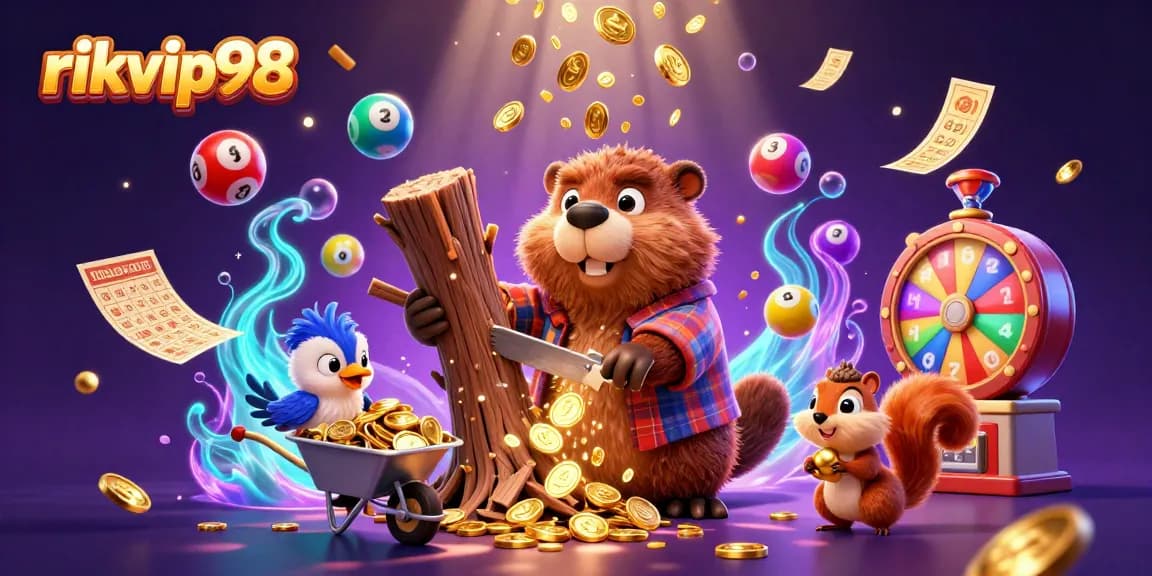 Experience the exciting world of rikvip98 with a vibrant scene featuring cartoon characters amidst a backdrop of golden coins and lottery elements.