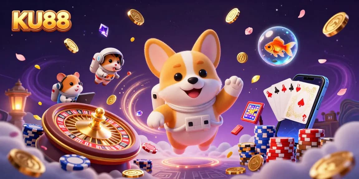 Join the fun at KU88 with a floating astronaut corgi in a space casino filled with treasures.