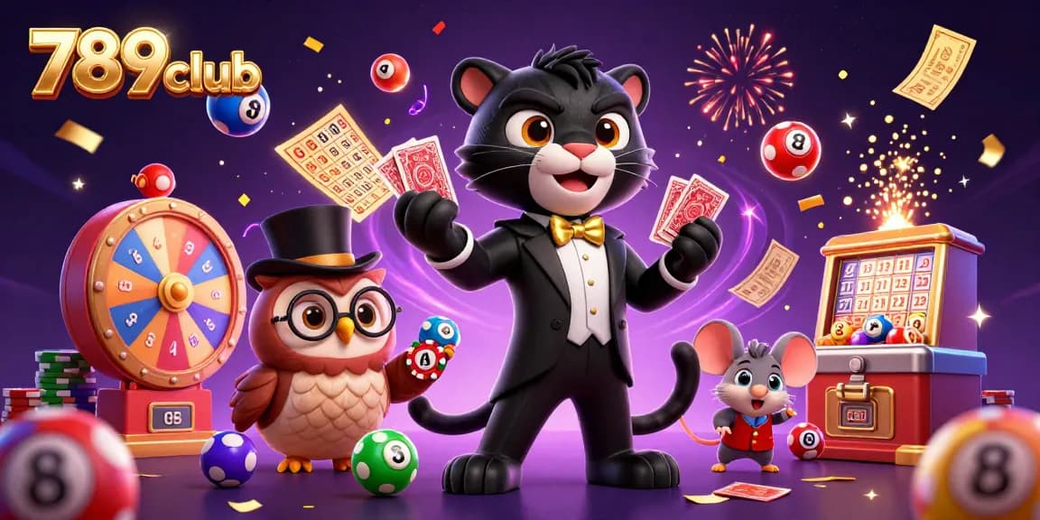 Engaging 789club gambling scene with a stylish black panther dealing cards among colorful casino elements.