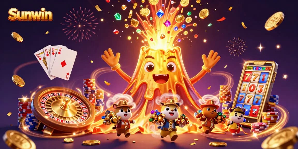 Experience the thrill of Sunwin with a vibrant 3D illustration showcasing a golden volcano and treasure.