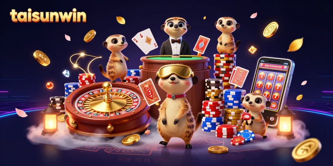 Experience the excitement of taisunwin with playful meerkats orchestrating an engaging casino scene filled with vibrant games.