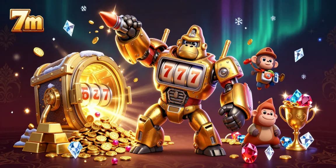Engage gamblers with vibrant 7m casino illustration featuring a golden gorilla mech and treasures.