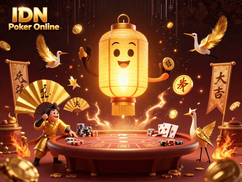 Experience IDN Poker Online with a vibrant, action-packed 3D illustration showcasing casino excitement.