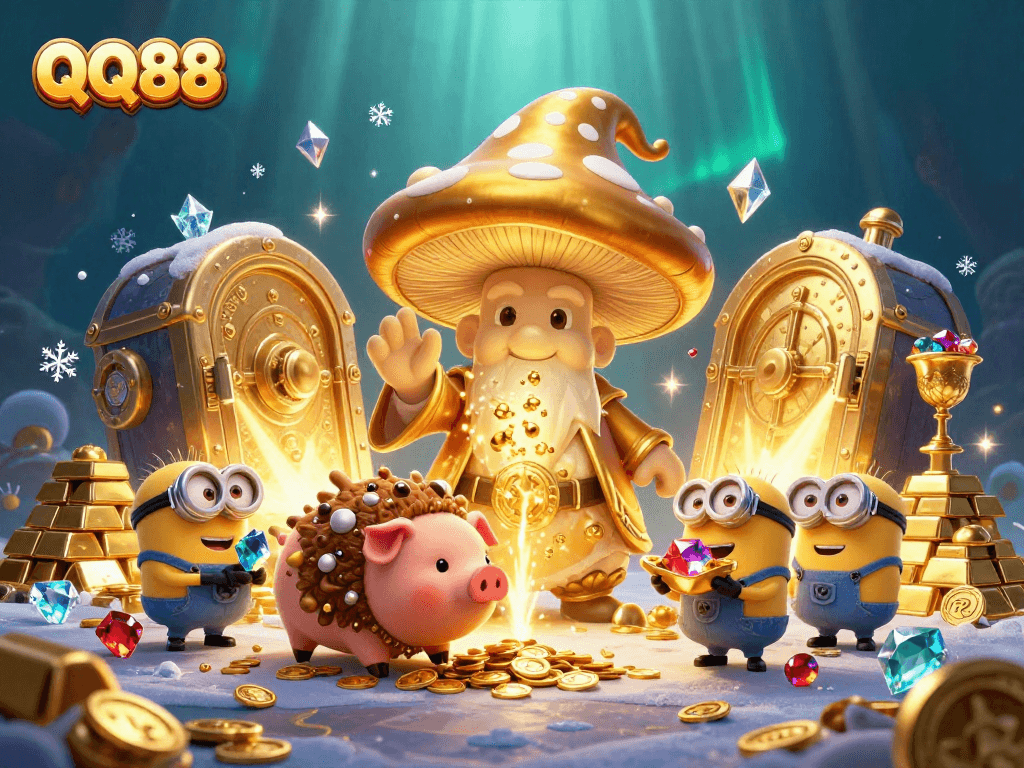 Experience the excitement of QQ88 with a magical golden mushroom wizard and treasures galore in this vibrant 3D casino scene.