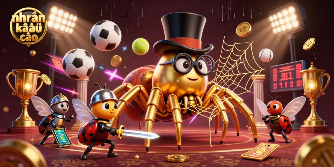 Engage with nhận định kèo nhà cái through this vibrant illustration showcasing a golden tarantula and knight amid dynamic sports elements.