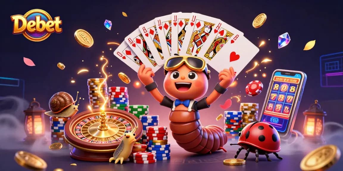 Engage with Debet's exciting casino scene featuring a millipede dealer, high-roller snail, and gold coins.