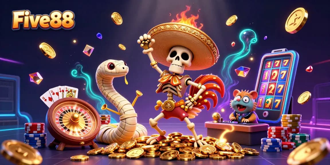 Five88 showcases a vibrant 3D casino scene with festive characters celebrating on golden coins.