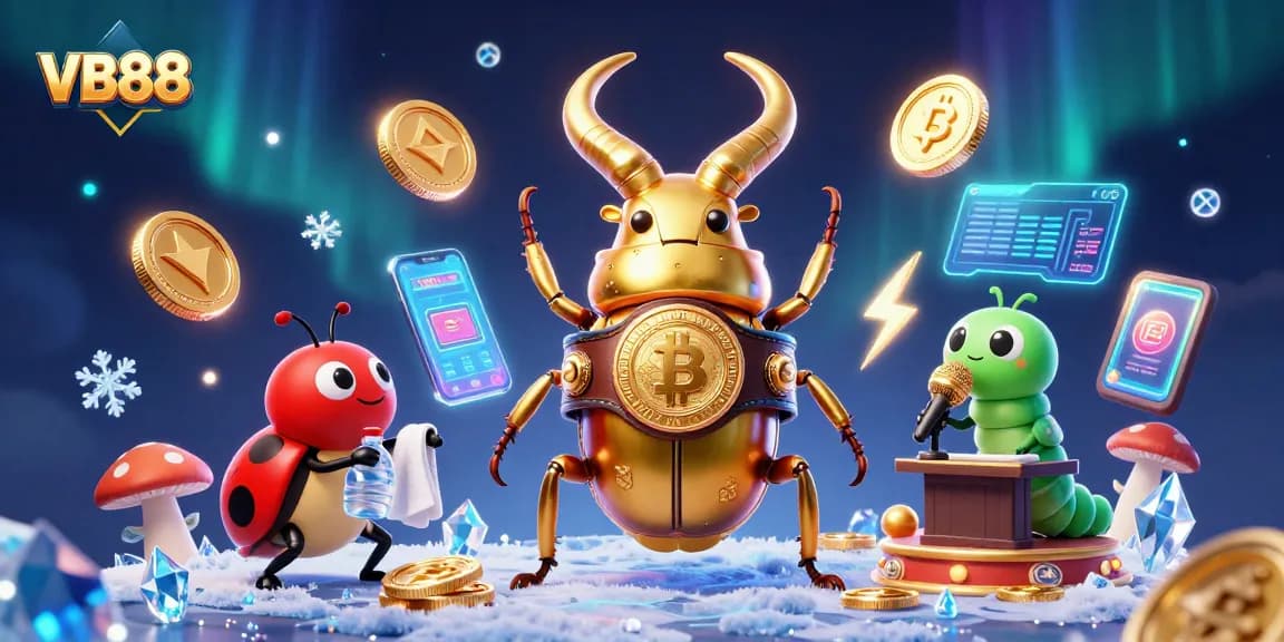Engage with VB88 in a vibrant 3D casino scene filled with cartoon action and gaming elements.