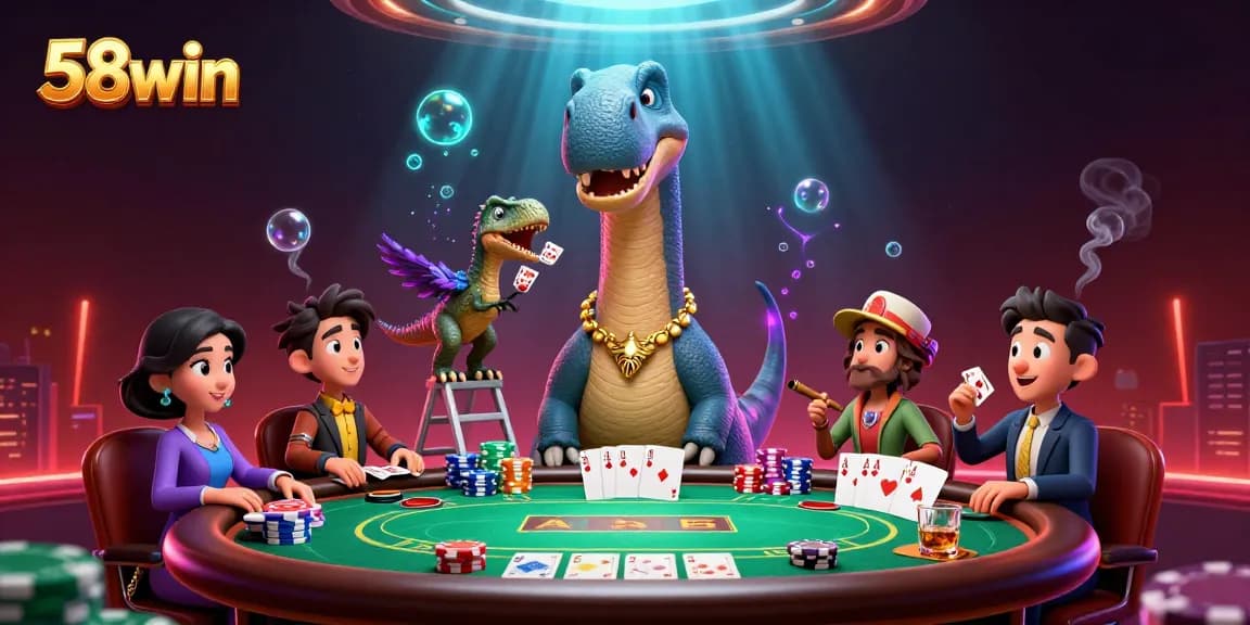 Experience the dynamic world of 58win while playing poker with whimsical dinosaurs and vibrant casino elements.