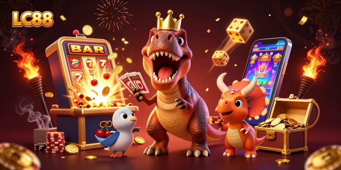 LC88 showcases an exciting casino scene with playful dinosaurs engaging in games and chips.