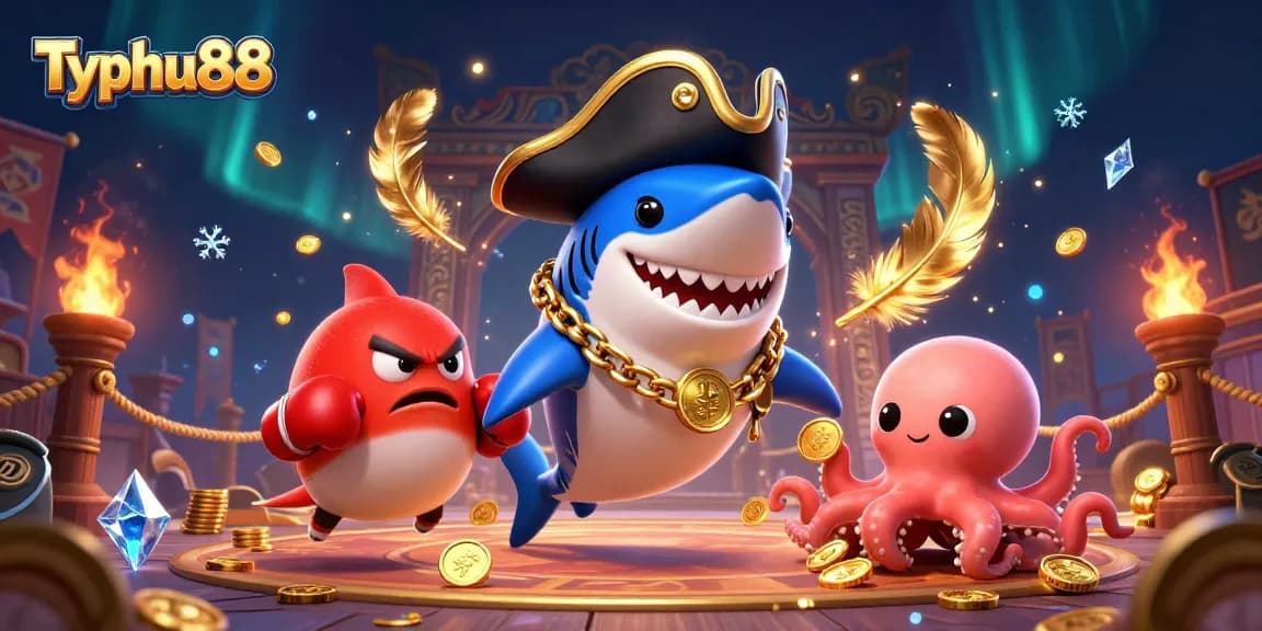 Typhu88 showcases an exciting casino scene with a cartoon pirate shark, pufferfish, and octopus celebrating wins surrounded by gold coins.