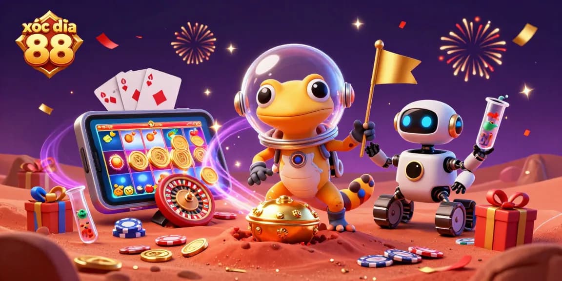 Xóc đĩa 88 features a Martian gecko discovering a golden casino with engaging game elements.