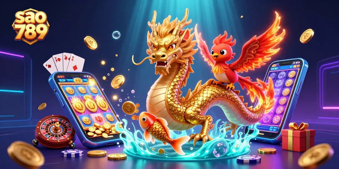 Sao 789 showcases thrilling gaming with a golden dragon, phoenix, and wealthy koi, amidst vibrant casino elements.