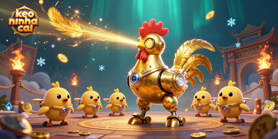 Engage in exciting keo nha cai action with a vibrant scene featuring a golden rooster robot and baby chick drones.