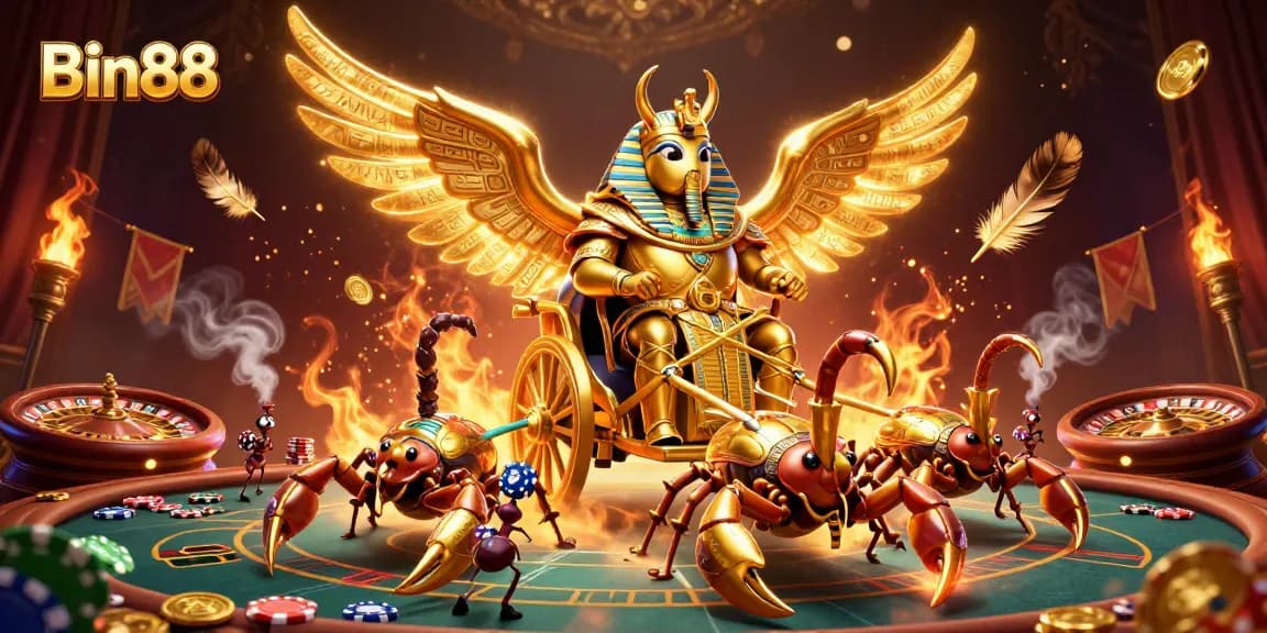 Engage in thrilling gameplay with Bin88's rich casino atmosphere, featuring poker chips and dynamic characters.