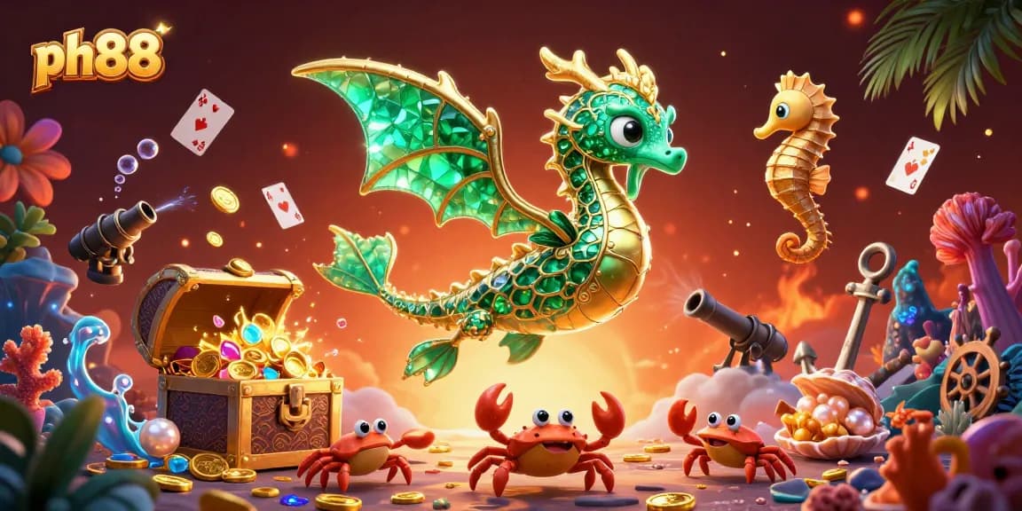 ph88 offers an enchanting sea dragon and treasure chest scene enriched with vibrant game elements.