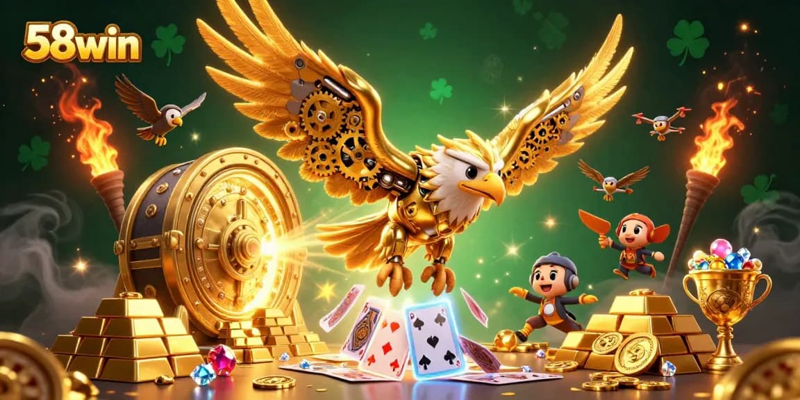 Experience thrilling gameplay at 58win with a golden eagle diving among dazzling casino elements.