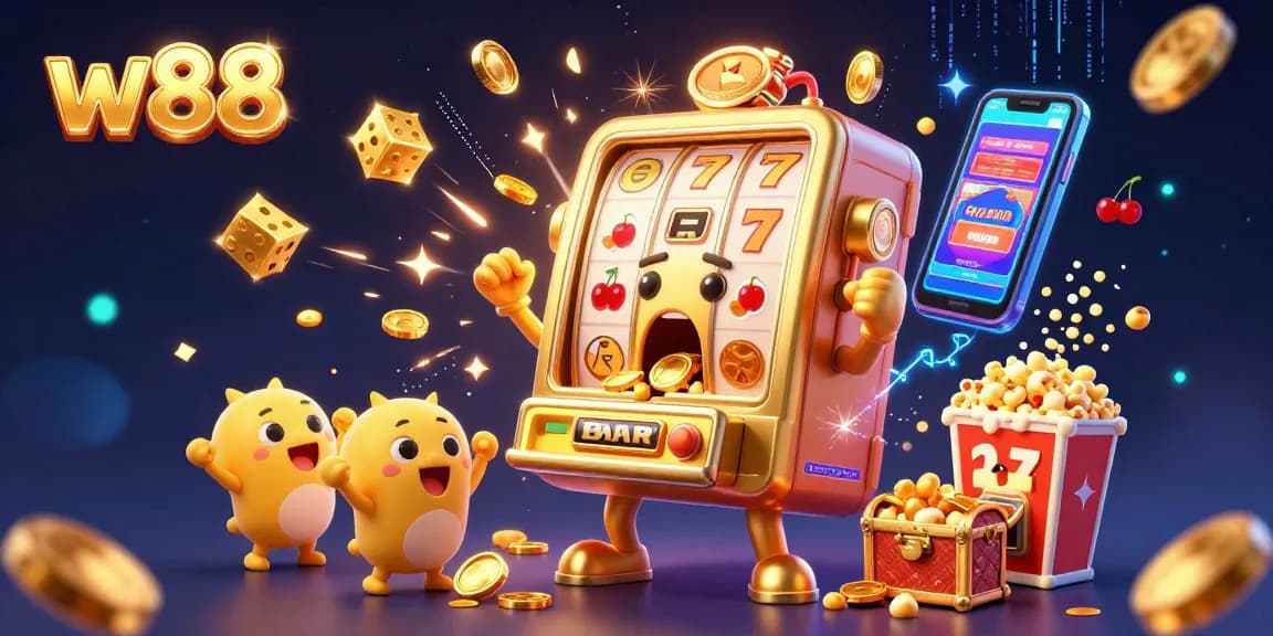 Experience the excitement at w88 with a joyful slot machine hitting the jackpot amidst dynamic casino elements.