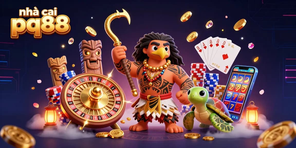 Experience the excitement of nhà cái pq88 with vibrant casino elements in a dynamic, colorful scene.