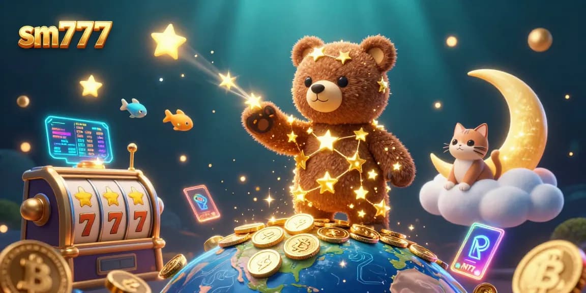Join the excitement with sm777 in this vibrant 3D illustration showcasing casino-themed elements, coins, and stars.