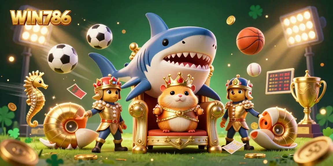 WIN786 engages players with a vibrant scene filled with sports elements and a royal hamster king artwork.