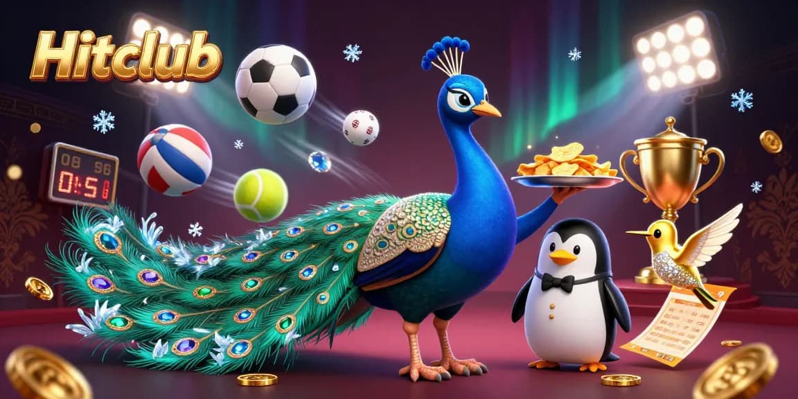 Hitclub players enjoy thrilling games while gathering golden chips and trophies in this colorful scene.