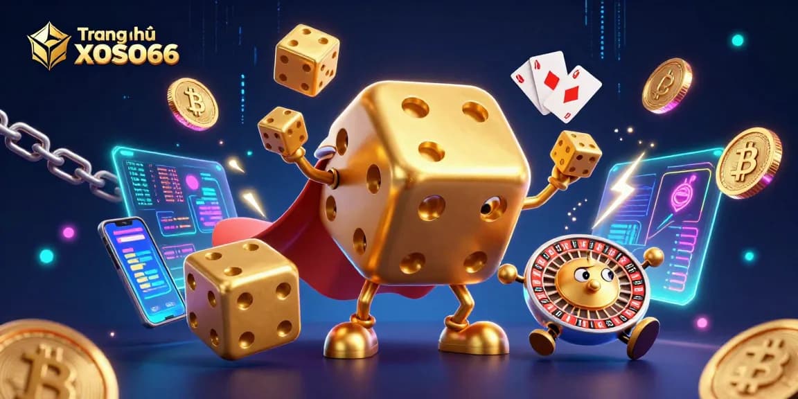 Engage in thrilling gaming at Trang chủ XOSO66 with a vibrant illustration of a golden dice golem and crypto elements.