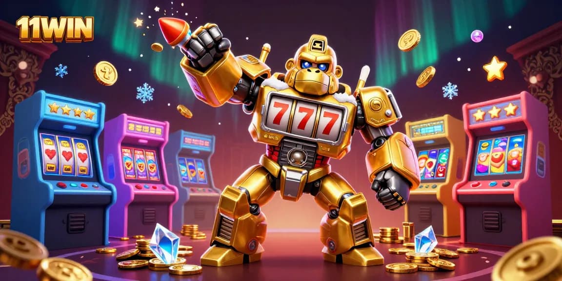 Engage with 11WIN's dynamic casino gaming universe through a vibrant 3D illustration of epic wins.