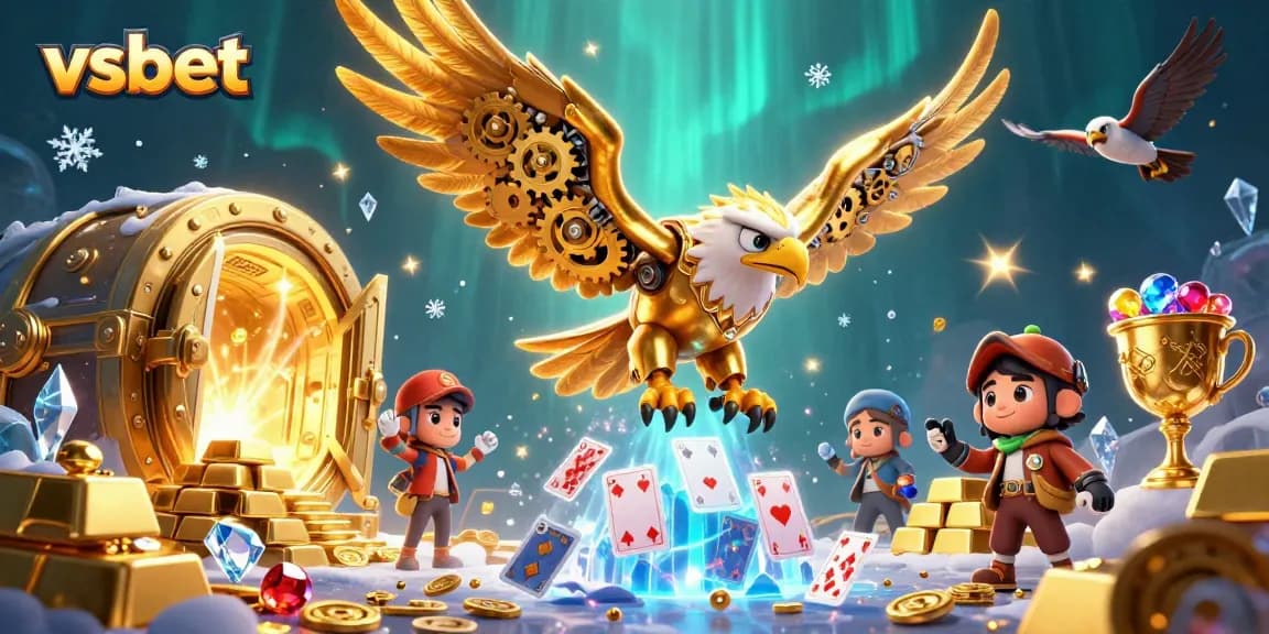 Experience the thrill of winning with vsbet's 3D illustration showcasing a cybernetic eagle amidst a treasure-filled casino.