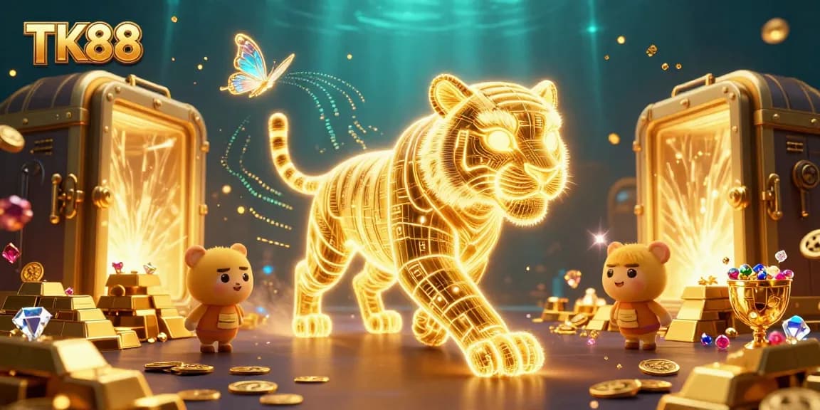 Engage with TK88's vibrant casino landscape featuring a glowing tiger and treasures.