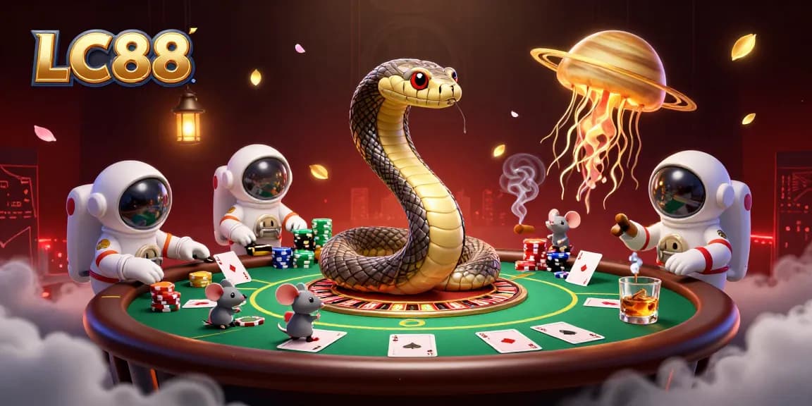 Experience thrilling gameplay at LC88 with cartoon characters engaging in poker and fun cosmic elements.