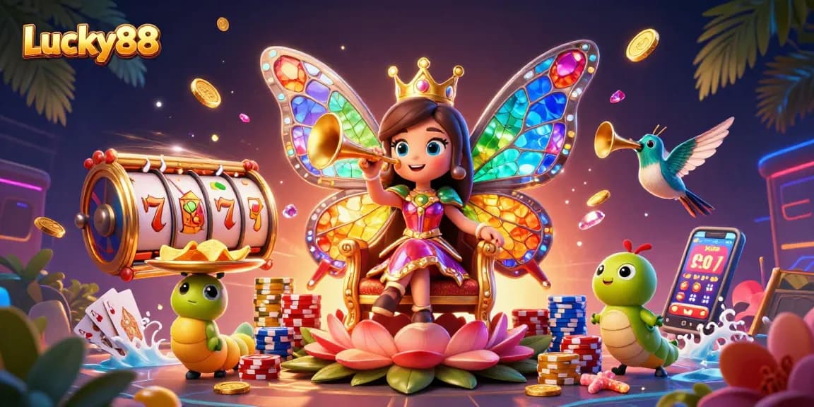 Experience the thrills of Lucky88 with vibrant symbols, slot reels, and a magical casino queen.