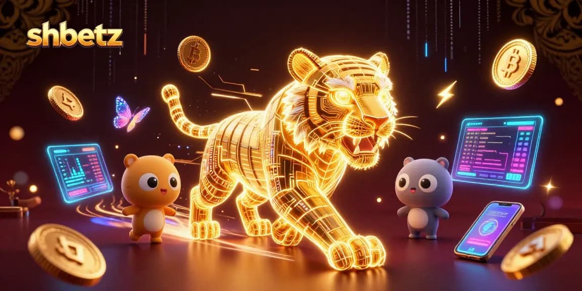 Experience the excitement of shbetz with a vibrant 3D digital casino landscape featuring a neon tiger.
