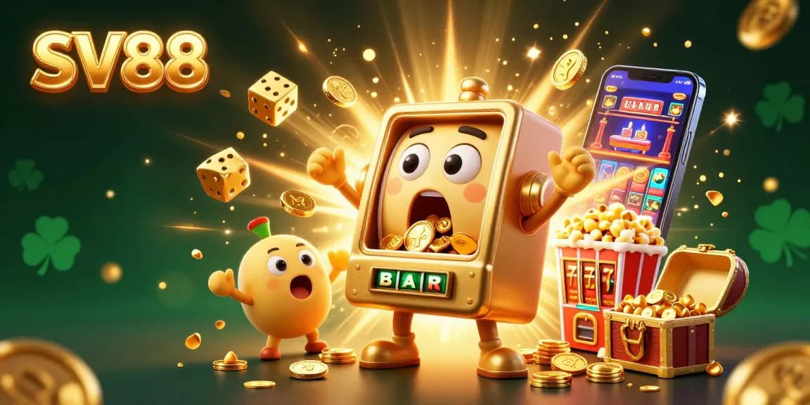 SV88 slot machine celebrating a jackpot win amidst coins and cheerful companions in a vibrant casino setting.