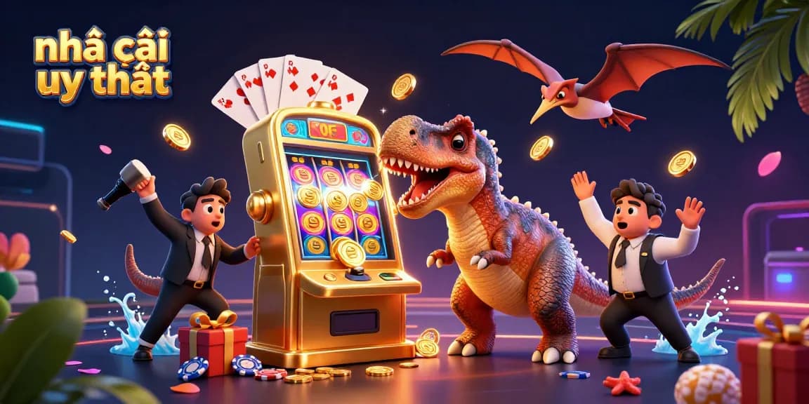 Experience the excitement with nhà cái uy tín, as dinosaurs enjoy a jackpot at a vibrant casino scene.