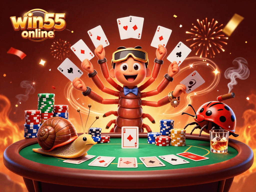 Experience the excitement of win55 online with a vibrant 3D casino scene featuring unique characters and game elements.